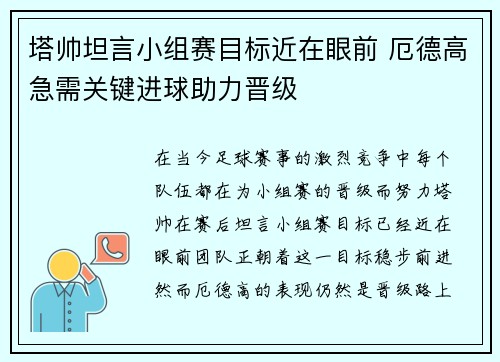 塔帅坦言小组赛目标近在眼前 厄德高急需关键进球助力晋级