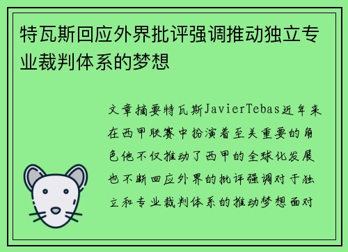 特瓦斯回应外界批评强调推动独立专业裁判体系的梦想